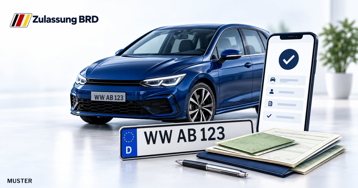 Online Fahrzeugzulassung in Westerwaldkreis: Musterkennzeichen WW AB 123, Auto und Fahrzeugpapiere und Smartphone. Illustration mit Logo von Zulassung BRD.